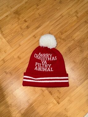 Holiday Pom Pom Beanie - Red "Merry Christmas Ya Filthy Animal"